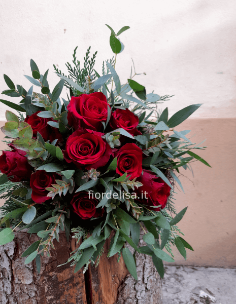 Bouquet di Rose Rosse e verdi misti